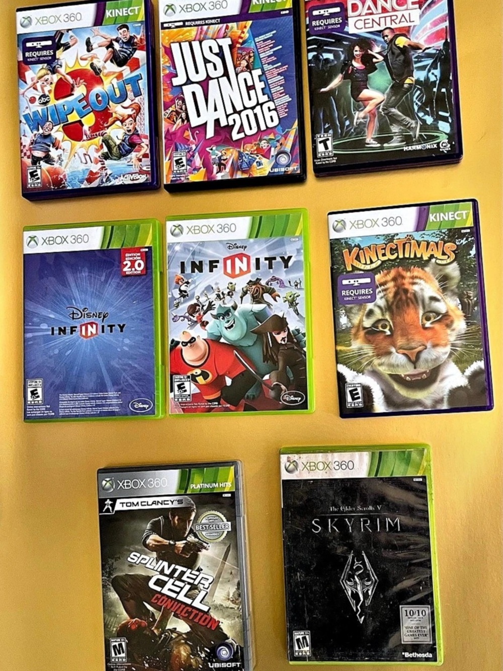 Microsoft Xbox 360 Video Game Lot (Skyrim, Just Dance 2016, Splinter Cell